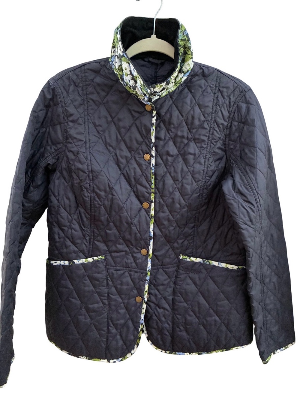Barbour Black Country Cottage Quilted Puffer Jacket with Floral Accents 10 EUC
